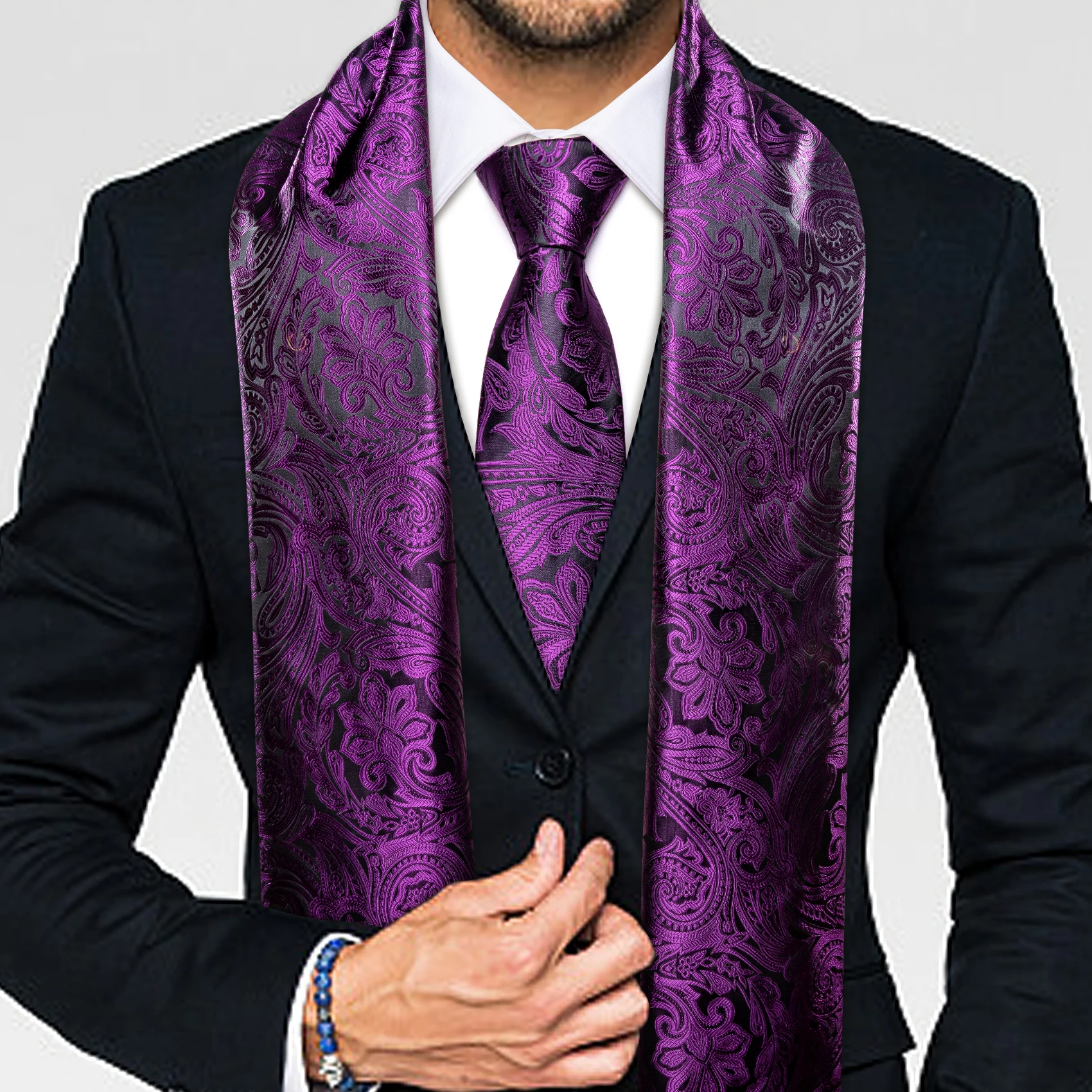 

Purple Scarfs Luxury Brand Designer Fashion Silk Paisley Jacquard Handkerchief Cufflink Suit Scarf Set Business Party Barry.Wang