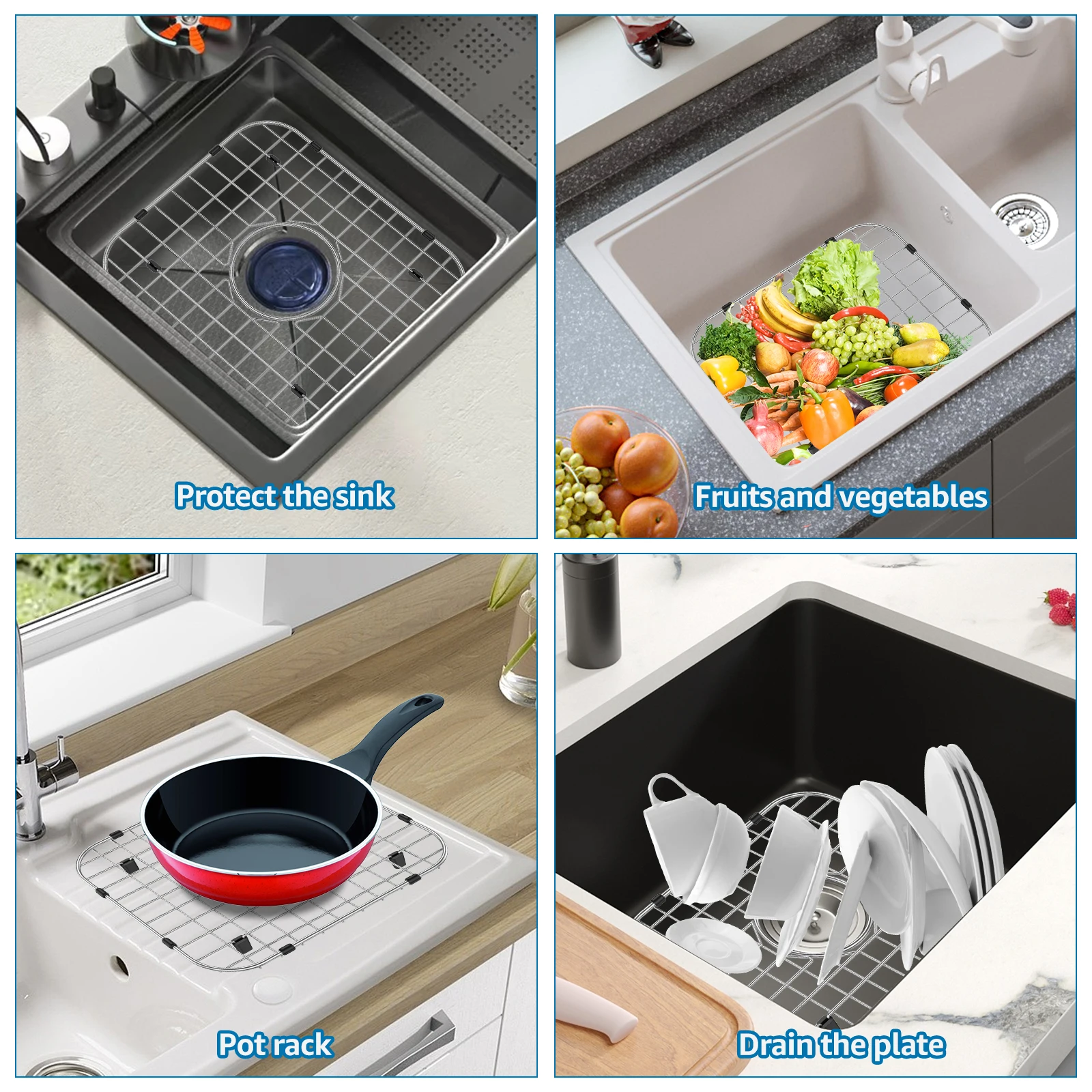 2Pcs Sink Grid Stainless Steel Sink Protectors Effective Protection Drainage Racks with Rubber Padded Feet Easy to Clean