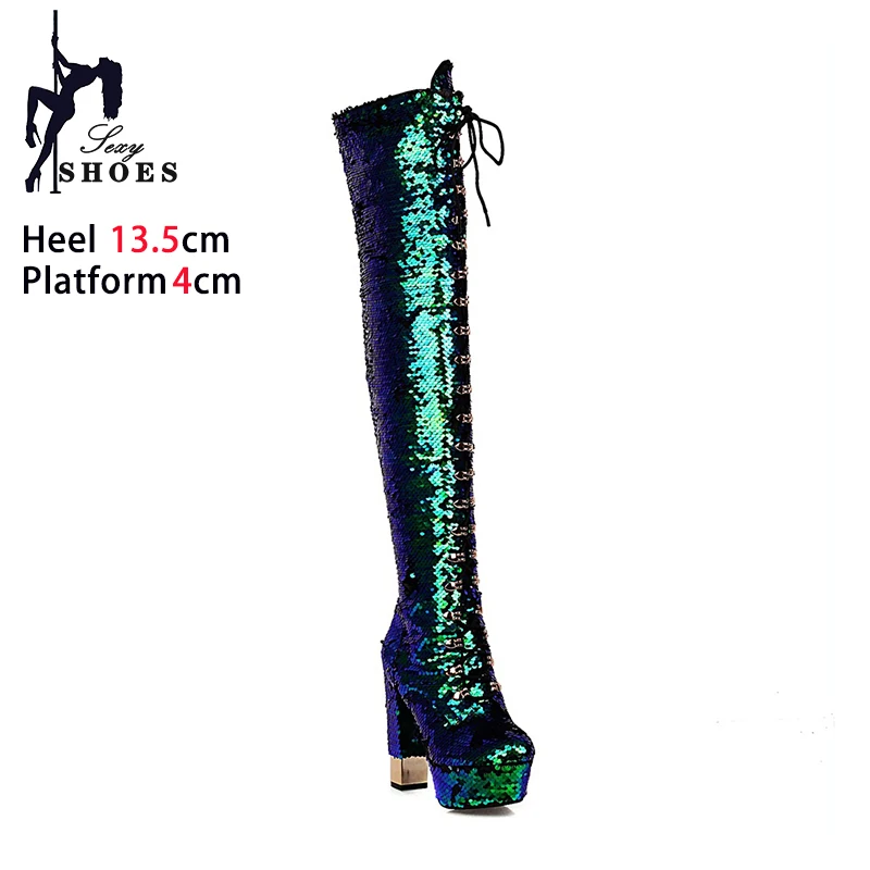 Women Over the Knee Boots Lady Super High Heels Long Bootise Gold Sequined Autumn Winter Shoes Female Platform Thigh High Boots
