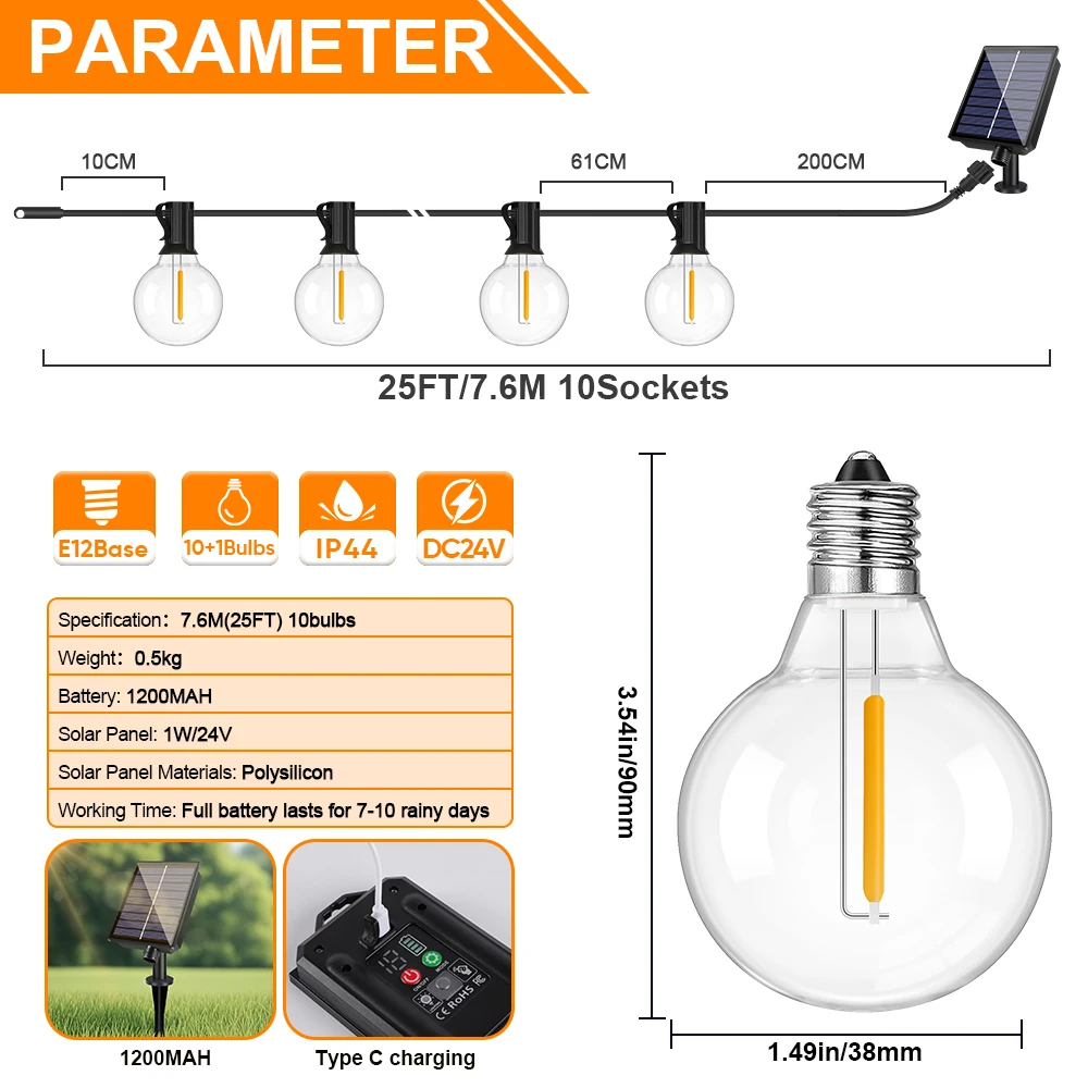 G40 Outdoor Solar String Light Garland LED Solar String Lights 24V Globe Waterproof Hanging Lights for Garden Backyard Cafe
