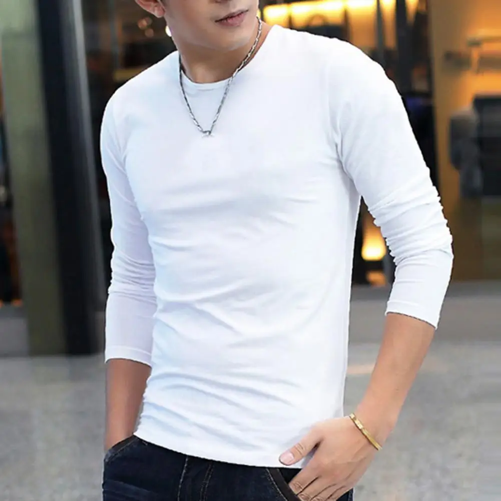 

Spring Round Neck T-shirt Men's Long Sleeve Round Neck T-shirt Solid Color Top for Fall Spring Soft Breathable Mid Length
