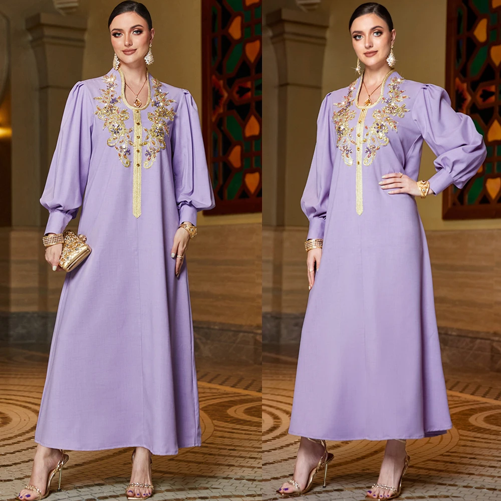 

Eid Moroccan Embroidered Kaftan Women Handsewn Rhinestone Evening Party Long Dress Muslim Dubai Gulf Jalabiya Abaya Vestidos