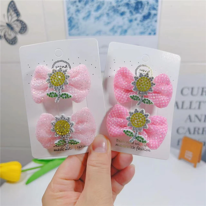 

12Pcs/Lot Baby Hair Accessories Hair Bows For Girls Full Crystal Sunflower Hair Clips Gauze Mesh Ribbon Knot Boutique Hairgrips