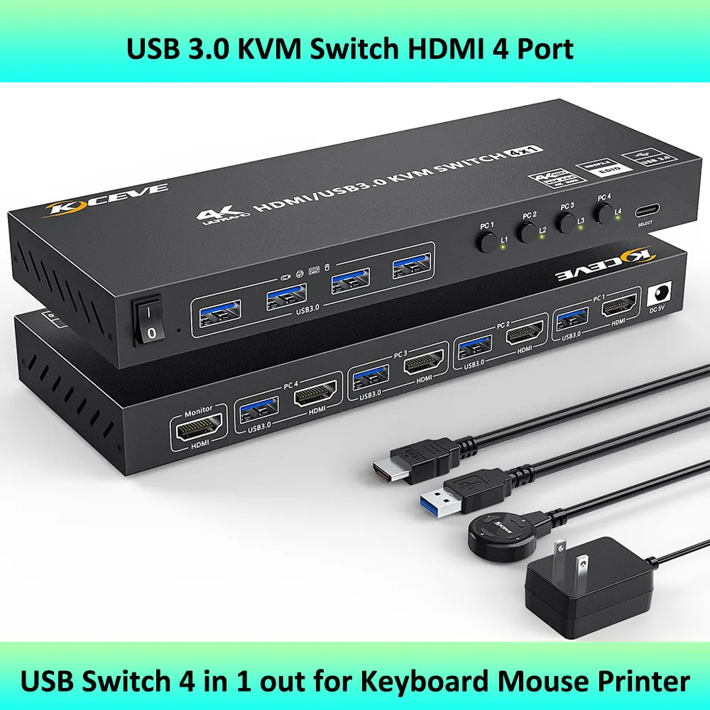 키보드 마우스 프린터용 USB 3.0 KVM 스위치, HDMI 4 포트 지지대, 4K @ 60Hz, 2K @ 120Hz, HDMI USB 스위치, 4 인 1 출력, 4 USB 3.0 포트
