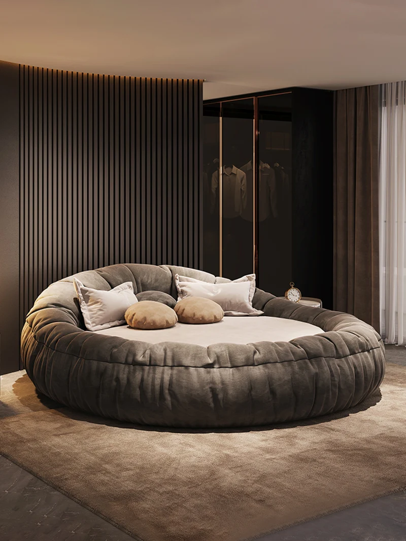 

Modern comfortable round bed Italian minimalist romantic fashion Technology cloth couple bed Light luxury cloth bed Double bed