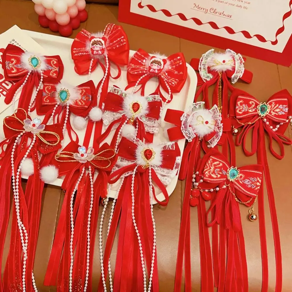 Ancient Style Children's New Year Hairpin Red Wig Braid New Year Bow Hairpins Ribbon Tassels Princess Girls Hanfu Headwear