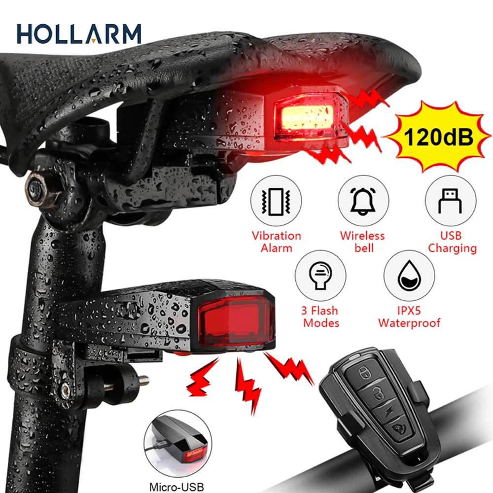 Hollarm Bicycle Light Anti Theft Alarm Wireless Waterproof Auto Brake Sensing Remote Control USB Bike Taillight Horn Lamp Alarm