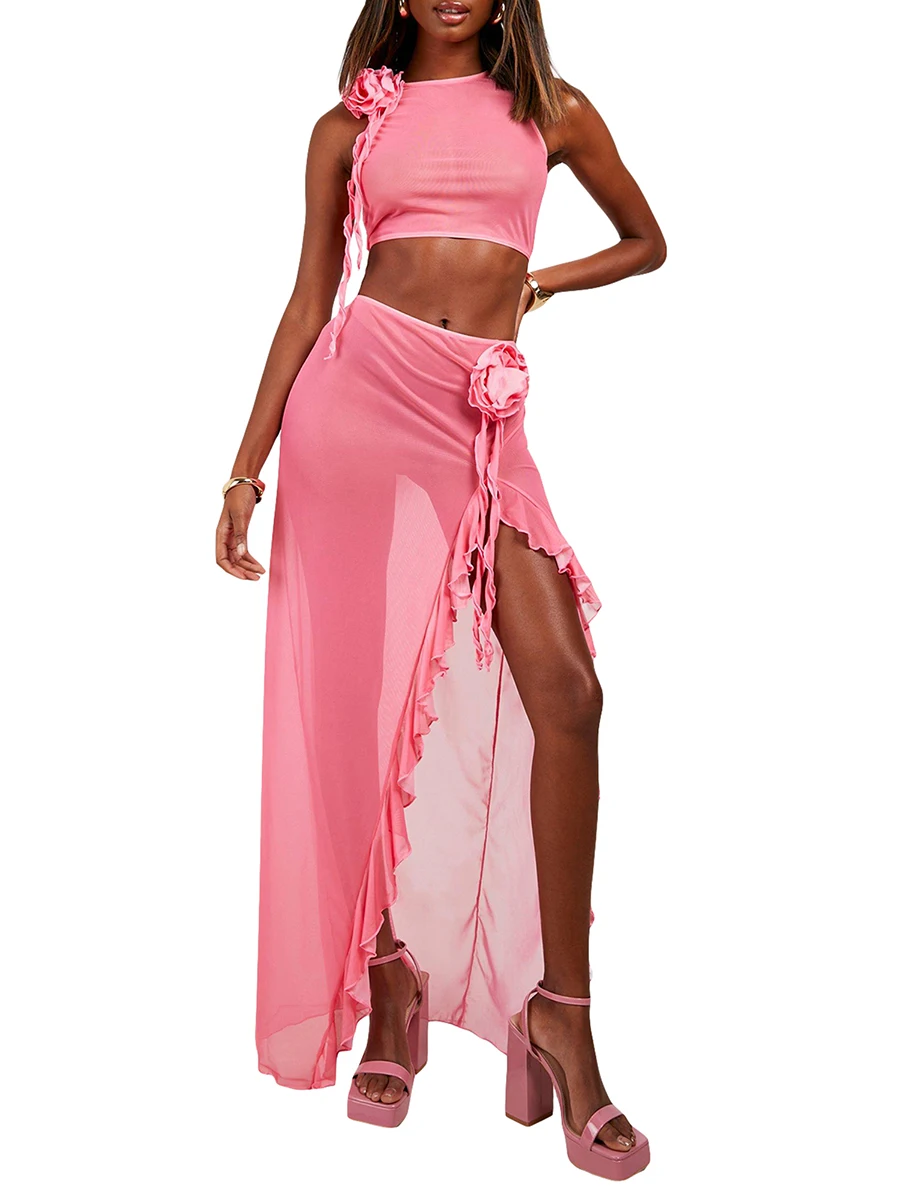 

Women Summer Skirts Outfits Solid Color 3D Flower Sleeveless Tank Tops High Slit Mesh Long Skirts 2 Pieces Clothes Set