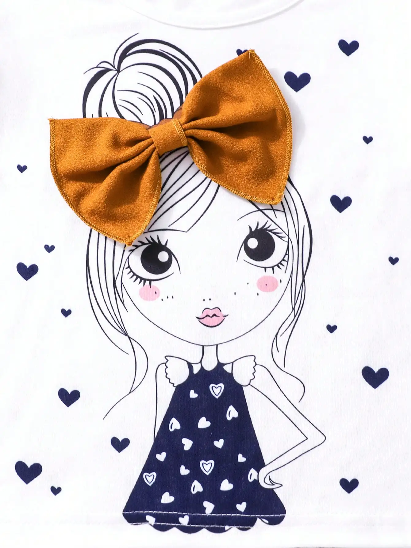 Girls Fashion Set: White Cartoon Print T-shirt with Bright Orange Bow Trousers - 3