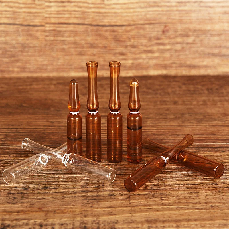 랩 투명 다크 브라운 유리 유연한 앰플 병, 곡선 목 앰플, 액체 약 병, 1 ml, 2 ml, 5 ml, 10 ml, 20ml