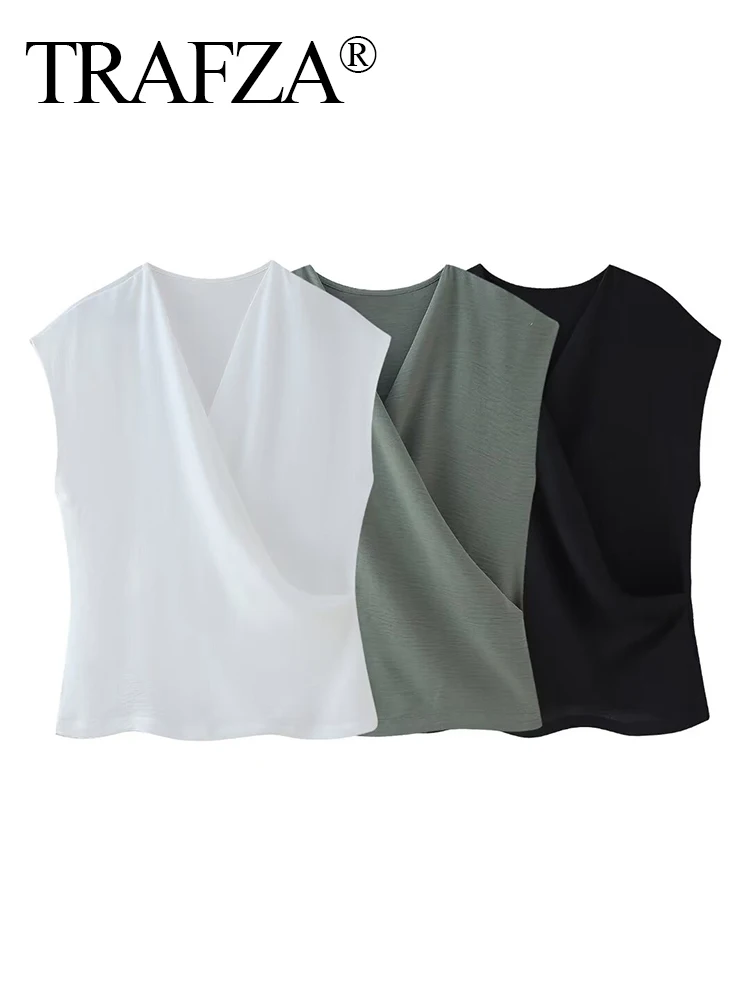 TRAFZA Women Sleeveless Blouse Pant Sets 2024 Female Chic Double-Placket Top+Asymmetric Elastic Waist Pant Suit TRAF