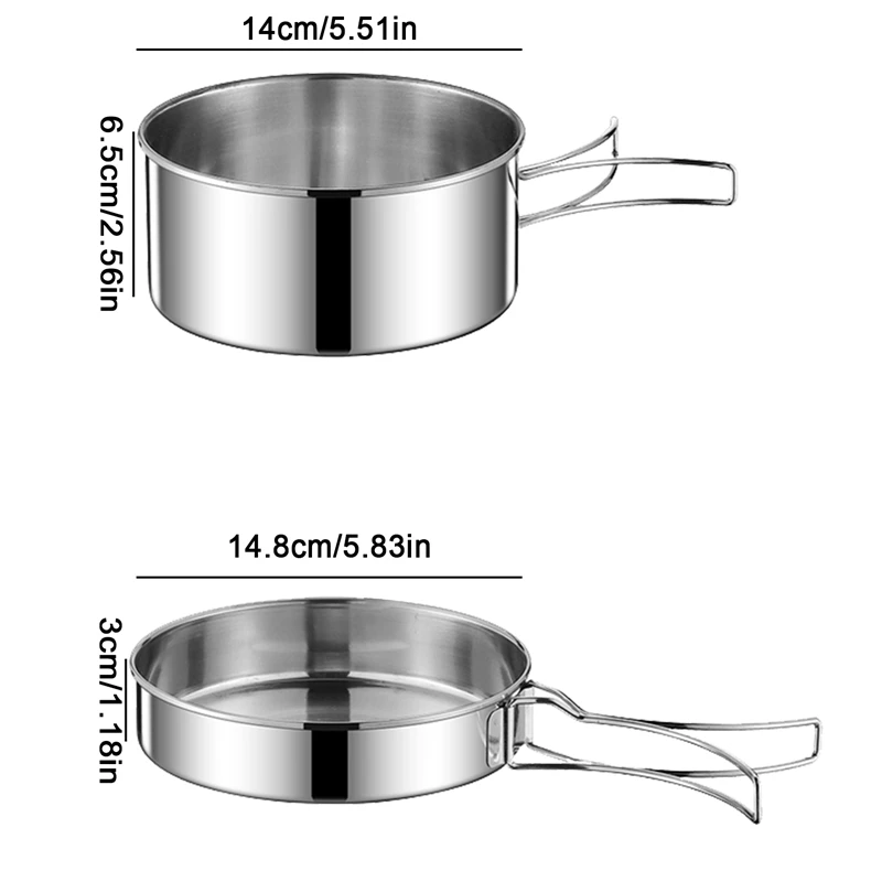 Non Stick Cookware Set 2PCS/SET Stainless Steel Cookware Kit Cooking Pot and Pan Set with Plates Cups for Outdoor Camping Backpacking