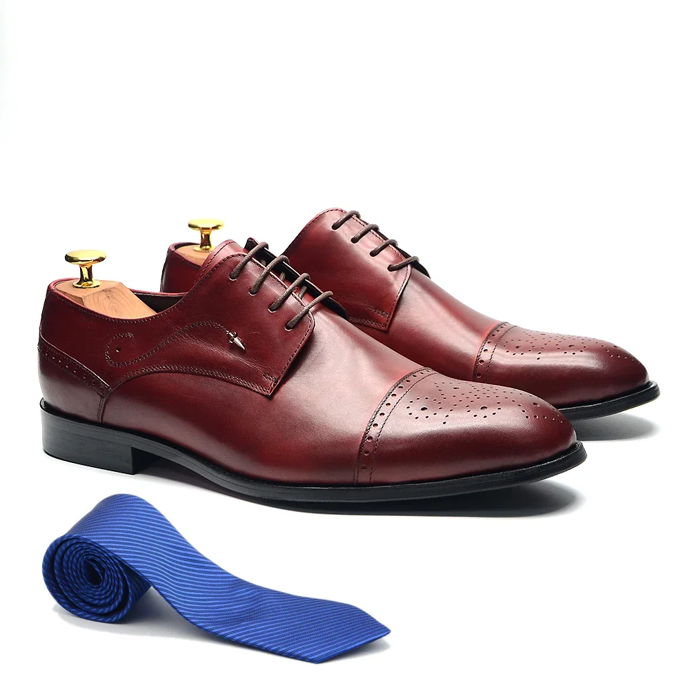 

Italian Classic Style Men's Formal Derby Shoes Genuine Leather Cap Toe Brogue Burgundy Lace-up Business Wedding Dress Shoes Male