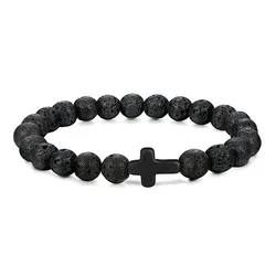 Natural Stone & Wood Bead Meditation Bracelet with Hematite Cross (Volcanic stone)