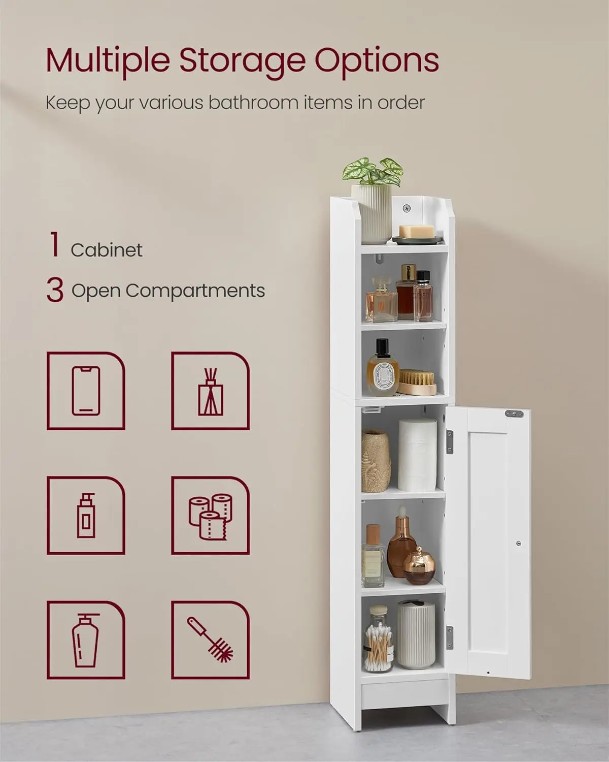 Small Bathroom Cabinet. Corner Floor. 7.9"x7.1"x36.2". Narrow Toilet Paper Cabinet. Cloud White. UBBC311W01.