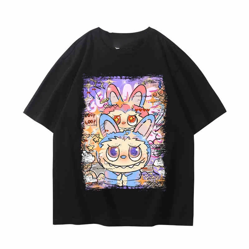 Men Casual Cute Tide Wear Tops Labubu Cartoon T-Shirts Short Sleeve Lovers Women High Quality Pure Cotton Kids Girls Clothes Tee 3