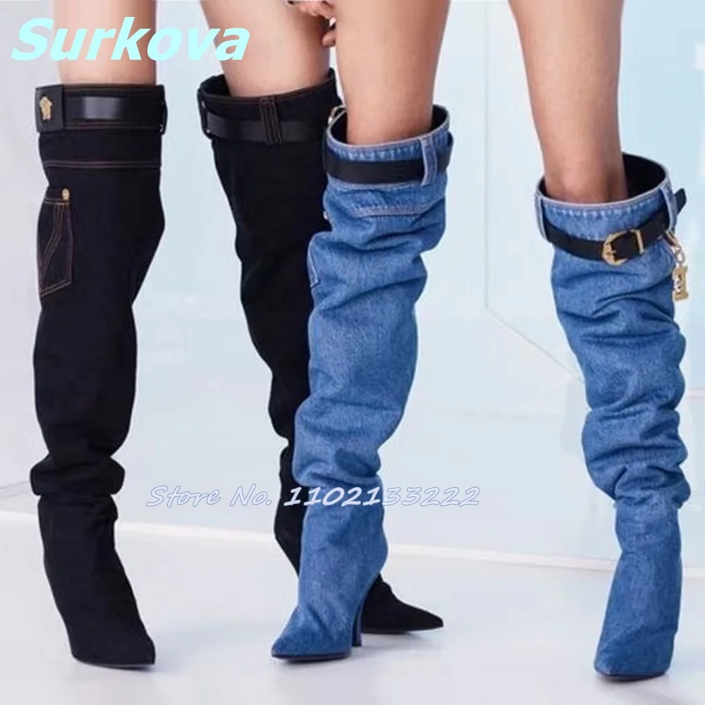 

Denim Knee High Boots Vintage Blue Sleeve Large Tube Pointed Toe Thin High Heels Belt Buckle Pleated Women Shoes Fashion Design