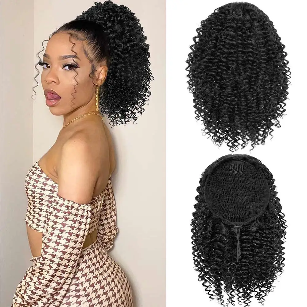 Synthetic Curly Ponytail Afro Kinky Curly Drawstring Ponytail 10" Clip In Hair Extension Short Hair Bun Chignon Hairpieces