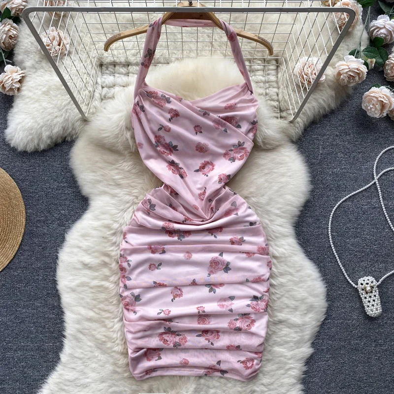 

Foamlina Sexy Women Halter Sleeveless Summer Dress Elegant Floral Print Slim Fit Ruched Bodycon Backless Mini Club Party Dress