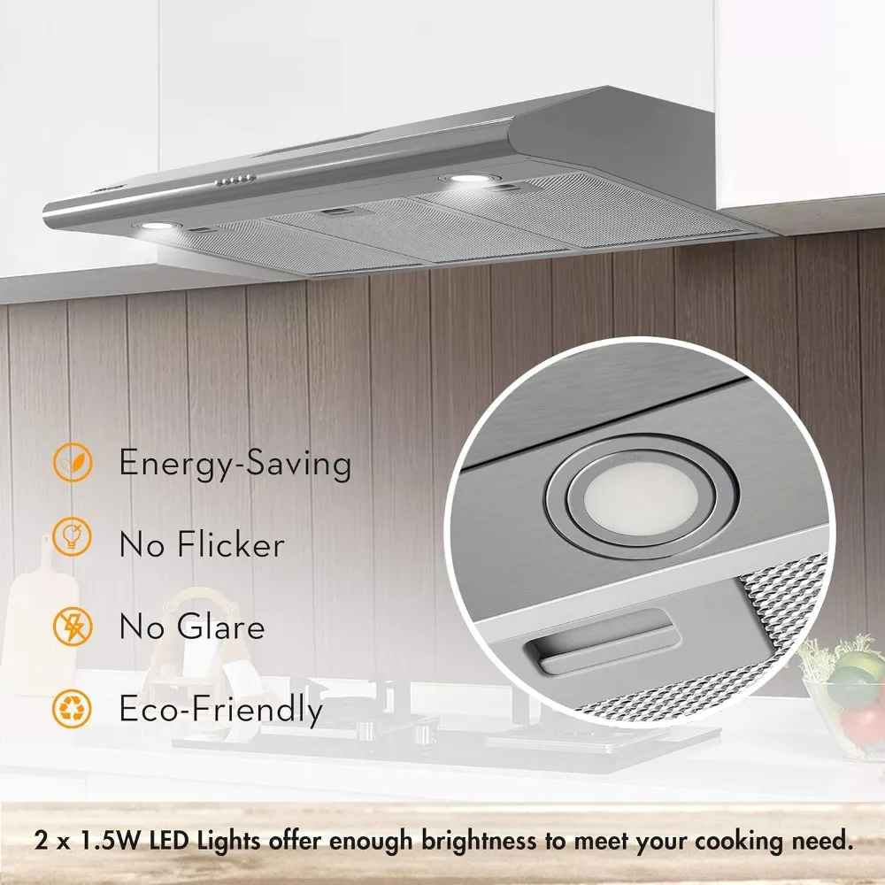 Under Cabinet Range Hood 36 inch with Ducted/Ductless Convertible, Slim Kitchen Stove Vent Hood, LED Light, 6