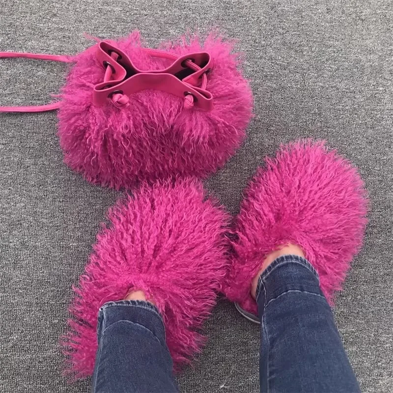 

Long Plush Mongolian Fur Slides Fluffy Slippers Women Winter Warm Home Indoor Slippers Female Elegant Soft Fleece Flat Shoes