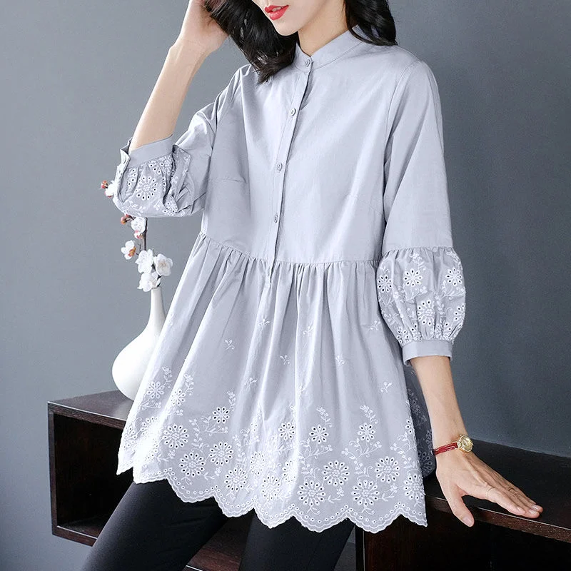 

Oversize 6XL Cotton Women Shirts Solid Embroidery Vintage 2023 Summer Long All Match Office Lady Outwear Tops