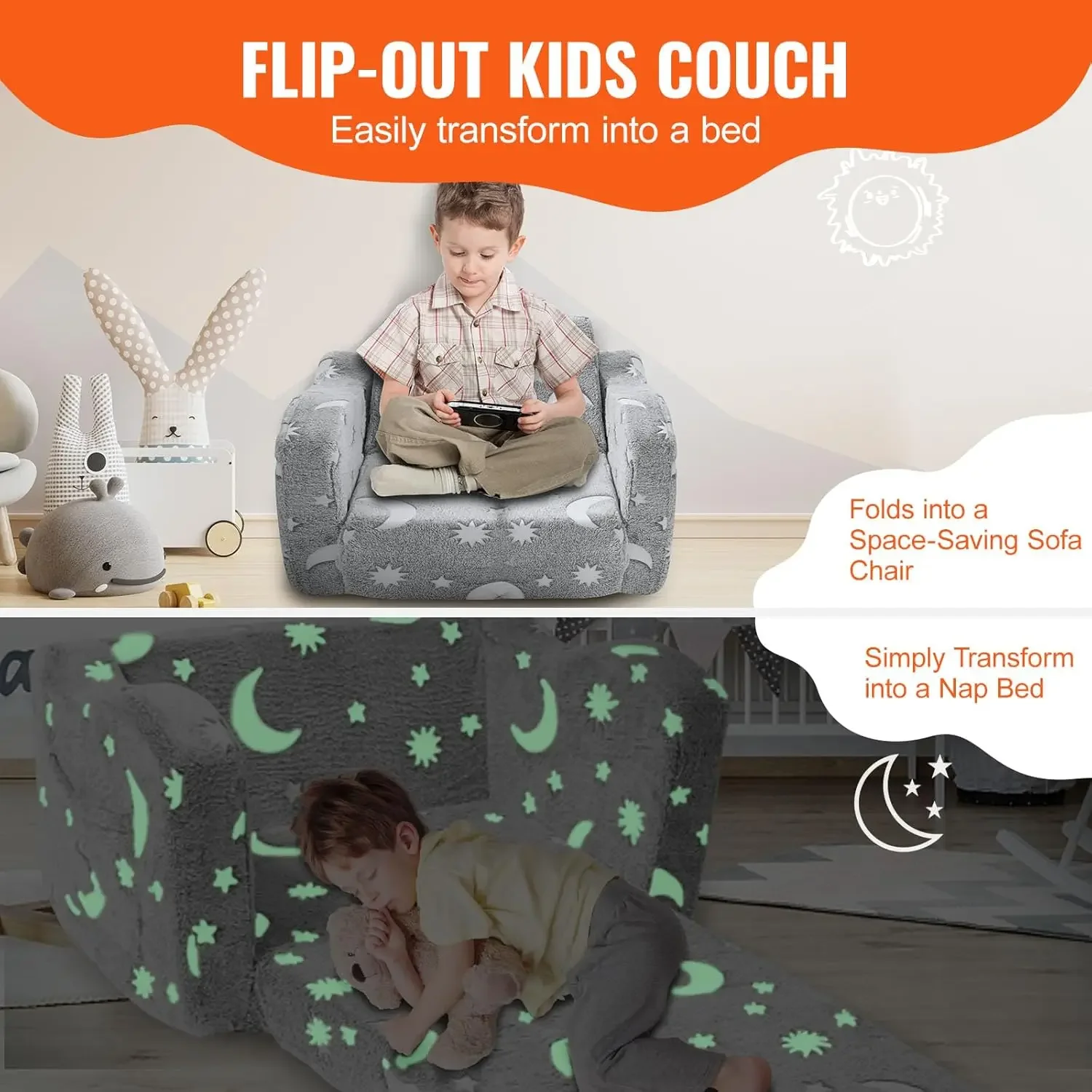 Fold-Out Kids Sofa, Glow-in-The-Dark Kids Couch Chair, 2-in-1 Children Convertible Sofa to Lounger 5