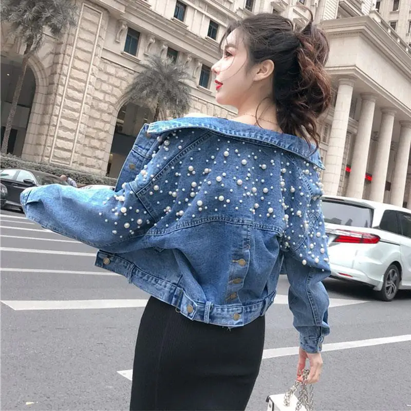 

Women’s Denim Jacket Button Pearls Short 2022 Spring Autumn Long Sleeve Loose Streetwear Fashion Leisure Outwear