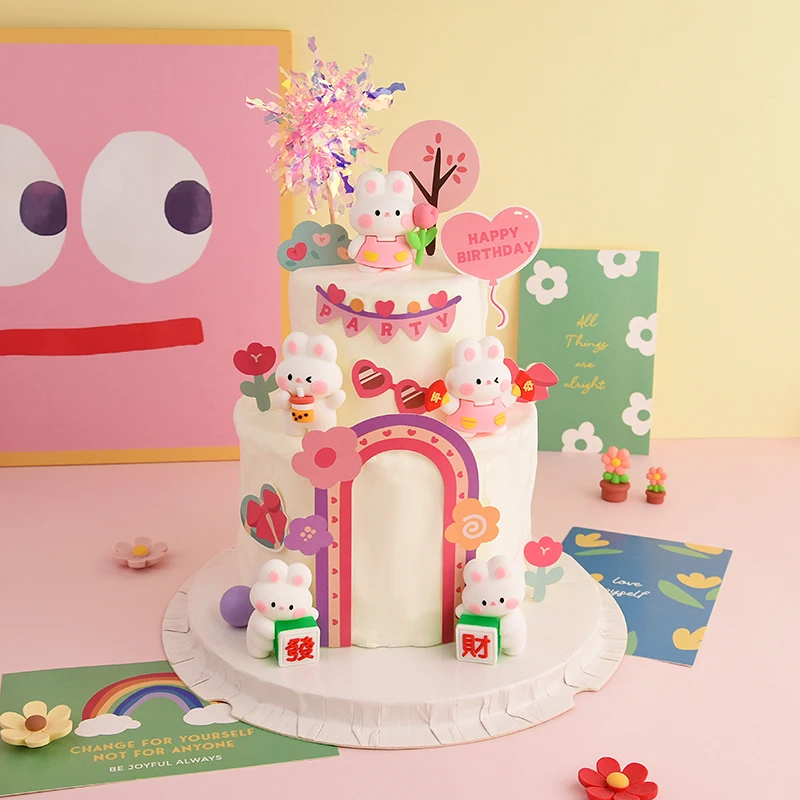 

Cartoon Bunny Cake Decoration Boy Girl Cute Rabbit Ornament Gender Reveal Baby 1st Birthday Party Doll Baby Shower Capcake Decor