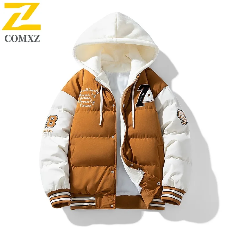 COMXZ 2025 New Teen Men Fake Two-Piece Cotton Jacket Hooded Thickened Trendy Stitch Winter sport Outerwear School Daily Outings​