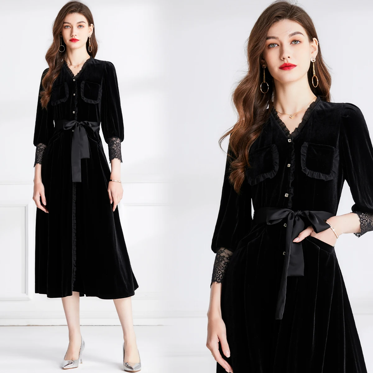 

2023 New Silk Velvet French Lace Spliced Long Sleeve Dress for Women's Black V-Neck Waistband Slim Fit Golden Velvet Robe