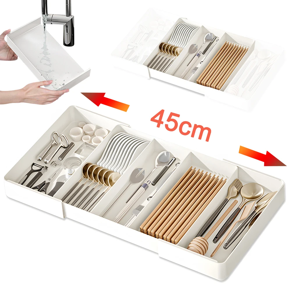 Expandable Tableware Organizer Silverware Drawer Kitchen Utensil Tray Adjustable Cutlery and Flatware Tray Home Kitchen Tool