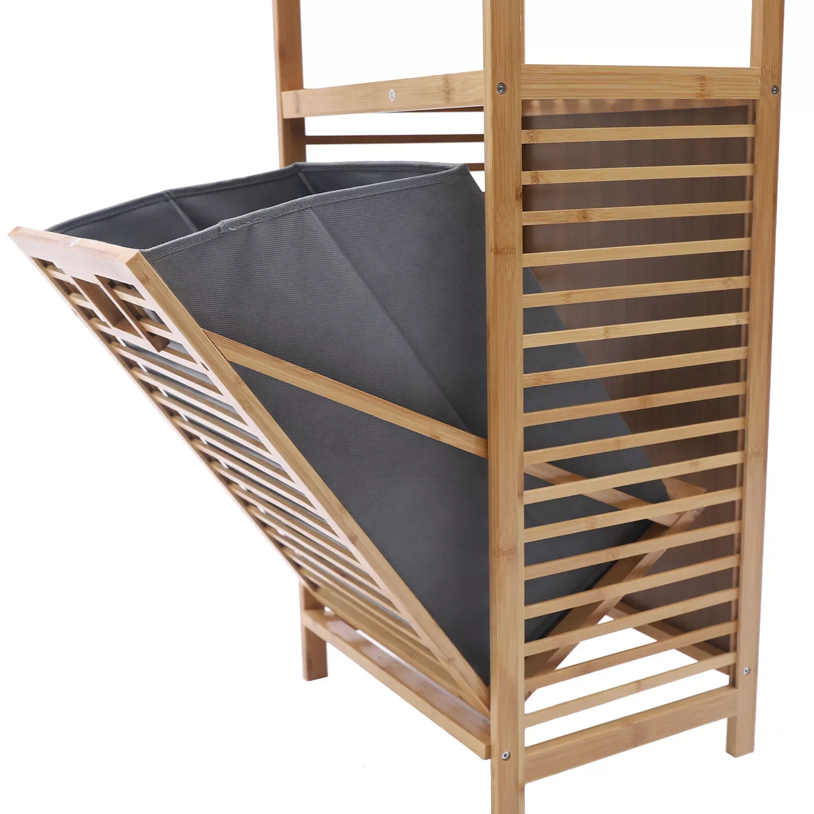 Fabric Bamboo Bathroom Laundry Hamper Cabinet Tilt Out Basket Storage W/2-Tier Shelf 2