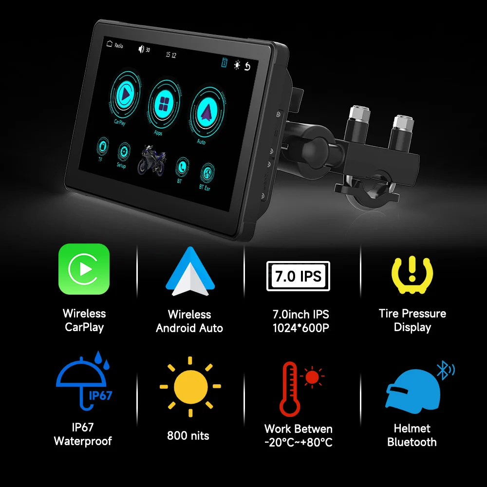 JIUYIN IPX7 Waterproof 7Inch Motorcycle Portable Navigation GPS Screen  Wireless Apple Carplay Android Auto Display Dual BT