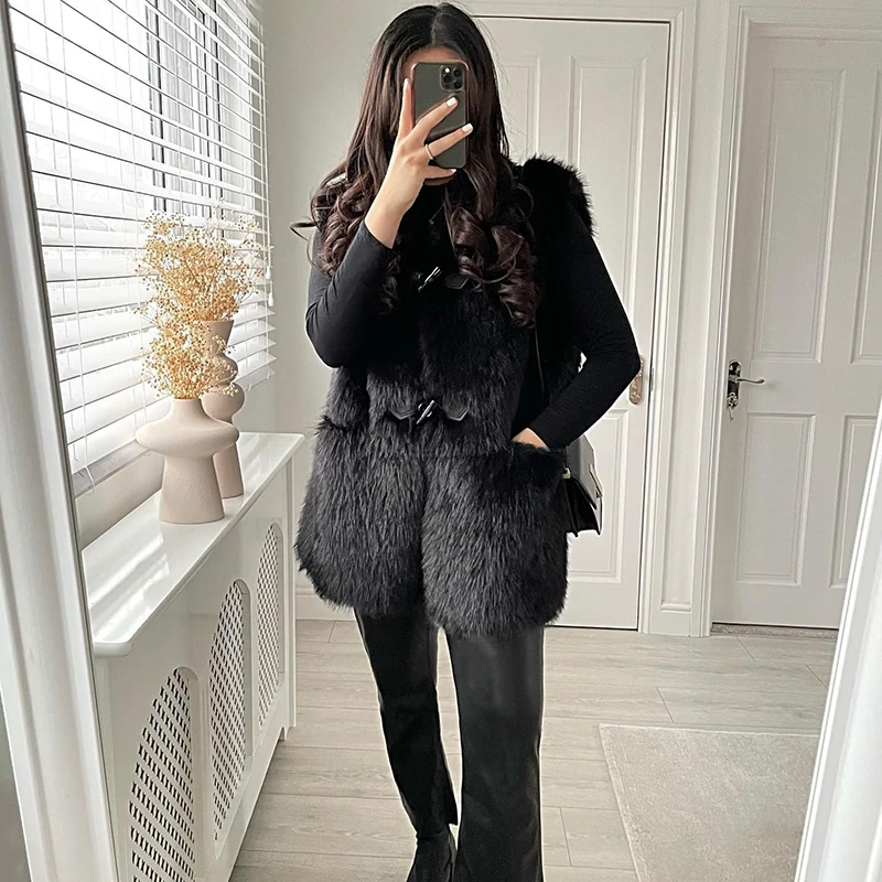 Brand Horn Buttons Long Faux Mink Fur Vest Tops Women Winter Sleeveless Overcoats Luxury Ladies Shaggy Waistcoat Gilets Casaco