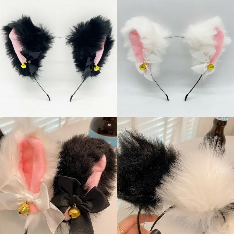 Hair Headband Fox Cat Ears Fur Headband Hoops Lace Bell Bow Necklace Plush Hairband Halloween Cosplay Props Headwear Christmas Party Gifts