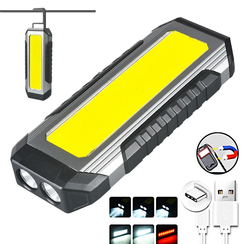 COB 작업등 USB 충전식 LED 손전등, 보조배터리 18650 휴대용 캠핑 램프, 자석 방수 랜턴, 4000mAh