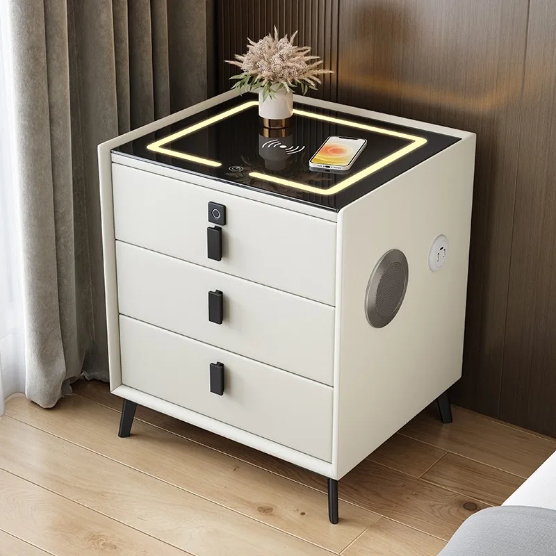 Luxurious Solid Wood Three-Drawer Smart Bedside Table Compact Bedroom Leather Accents Integrated Wireless Charging