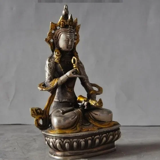 YM  308  Old Tibet Buddhism Gilt Silver Vajrasattva Tara Goddess Kwan-yin Buddha Statue 3