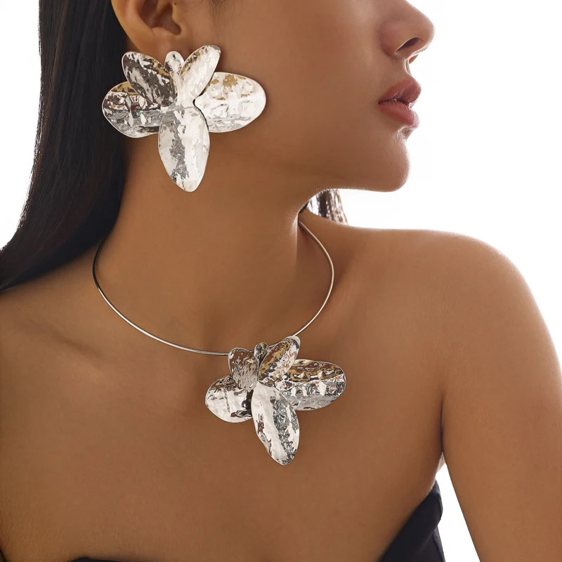Ingemark Punk Large Flower Torques Necklace Petal Stud Earrings Women Grunge Jewelry Sets Steampunk Party Gift