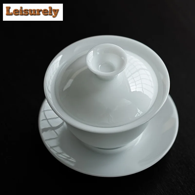140ml Iced Jade Porcelain Gaiwan Linglong Three Talent Tea Tureen Japanese Tea Making Cover Bowl for Tea Supplies Collection