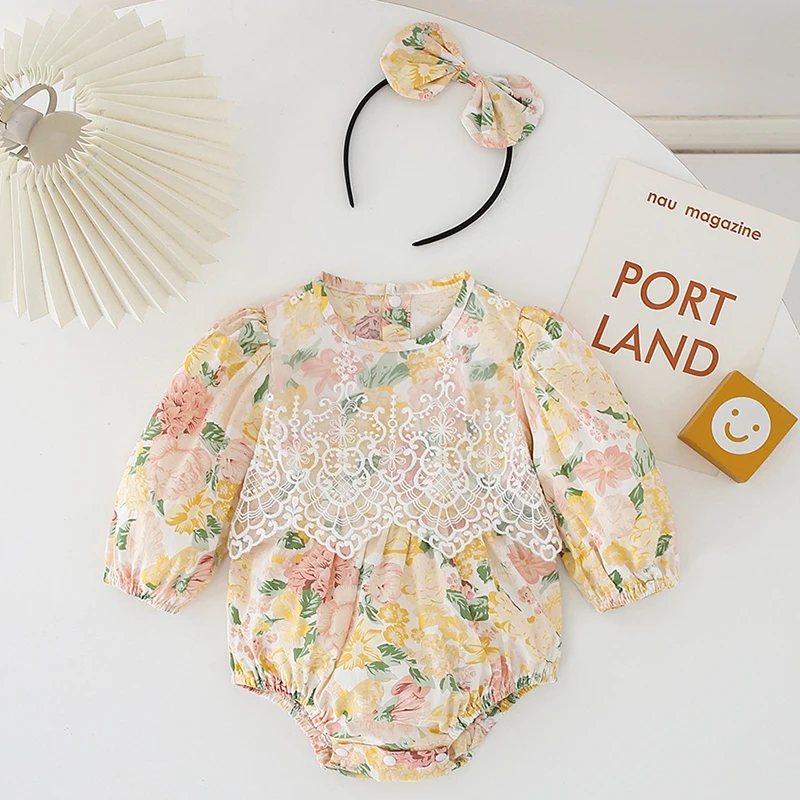 

2023 New Autumn Clothing Newborn Baby Girls Bodysuits+Hair Hoop Long Sleeved Cotton Floral Printing Lace Stitching Jumpsuit