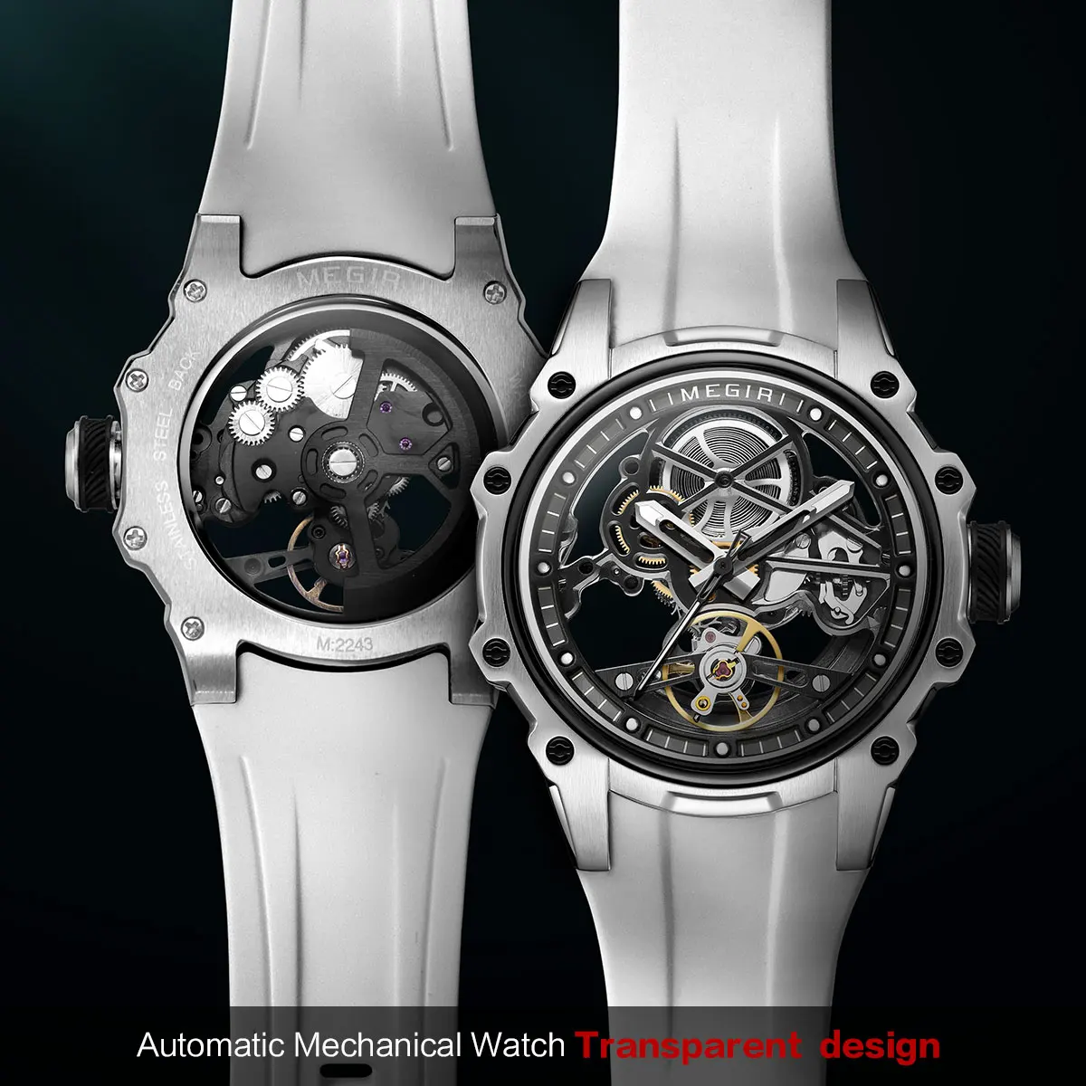 MEGIR Automatic Mechanical Sport Watch for Men Fashion Waterproof Luminous Wristwatch with Silicone Strap SKeleton Dial 2243 - 3
