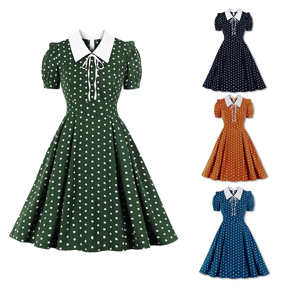 

2023 Women Vintage Polka Dot Flare Tea Dress Retro Rockabilly Cocktail Party Sundress 1950s 40s Swing Short Sleeves Summer Dress