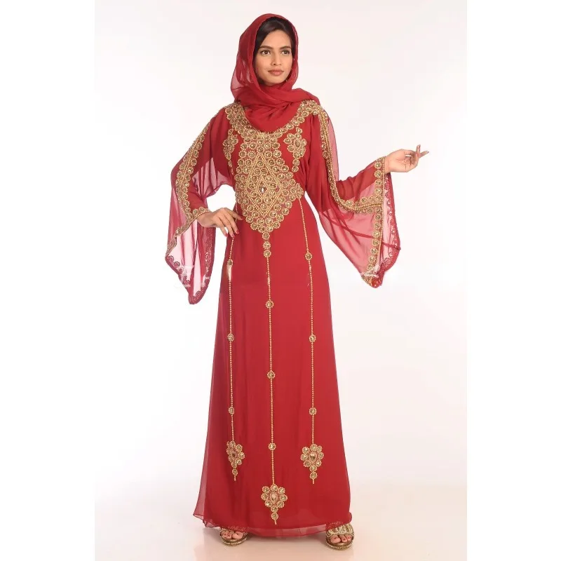Elegant Caftan Robe V-neck Dubai Kaftan Bell Sleeve Floor Length Dress Handmade Luxury Beaded Decoration
