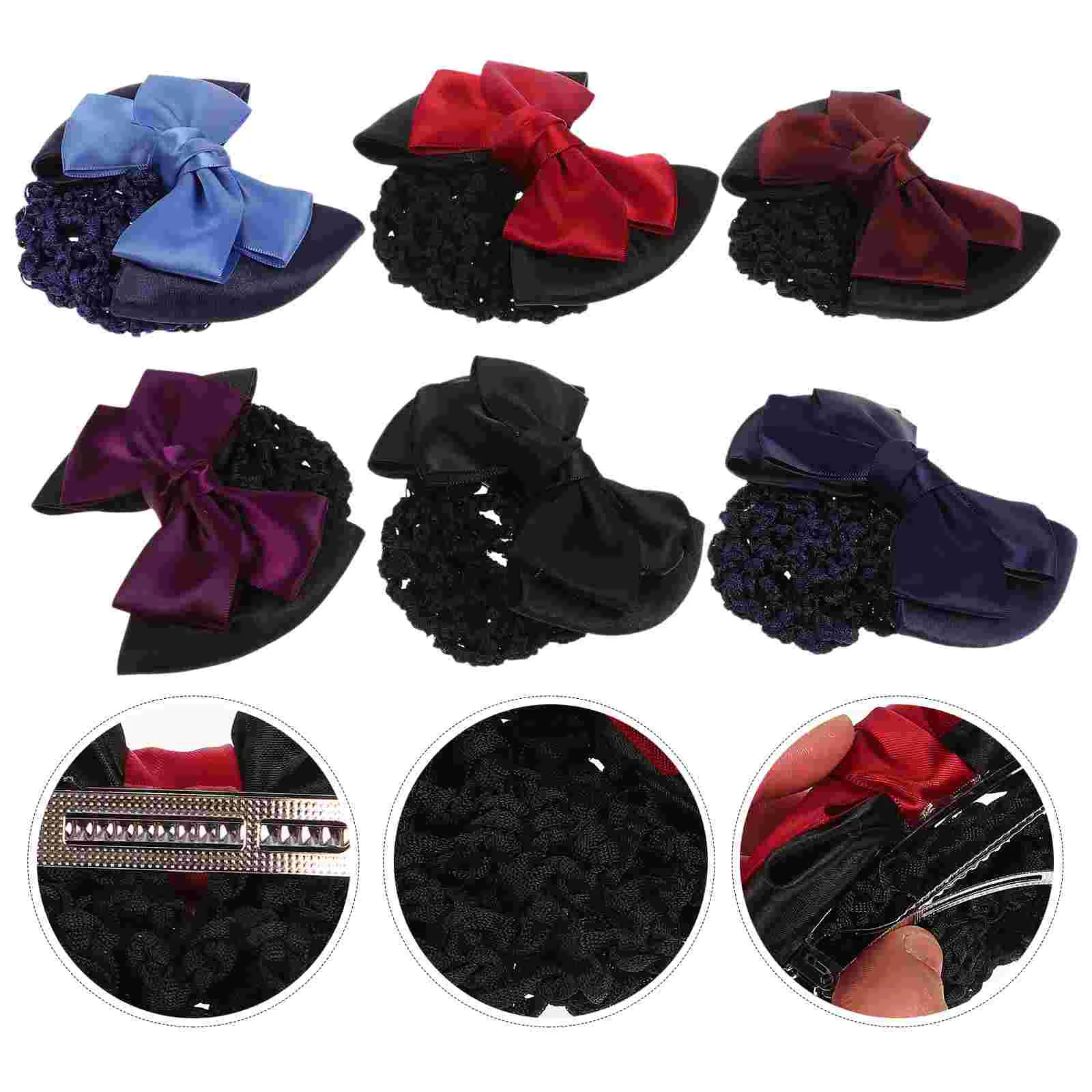 6Pcs Women Hair Elastic Clips Mesh Bun Nets Bow Headdress Hairpins Ties Hair Off Neck Cool Down Cloth High Elasticity