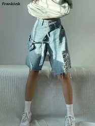 Wide Leg Shorts Women Clothing Hole Fashionably Chic Knee Length Summer Loose Korean Style Trendy Pockets Design Students Soft