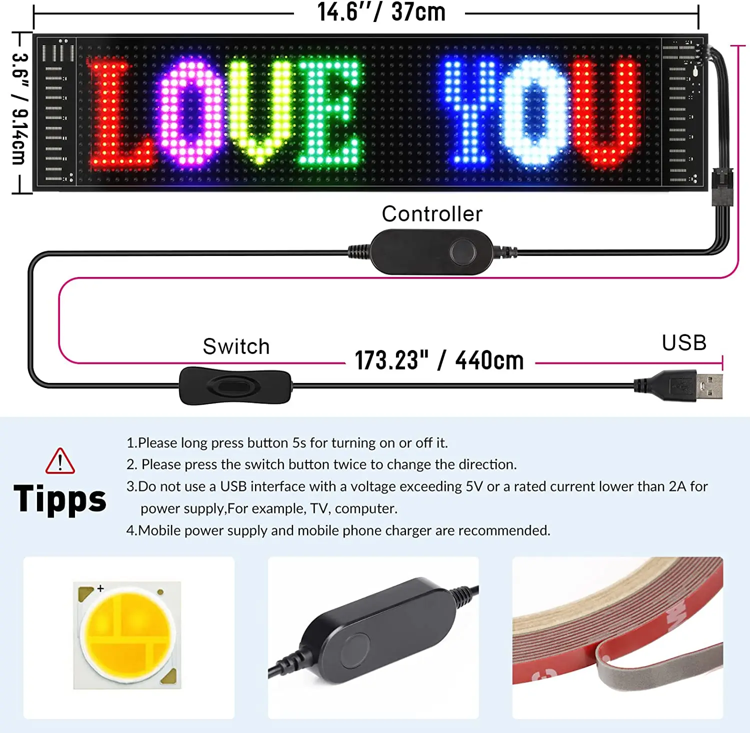 Programmable LED Scrolling Sign For Car - Flexible USB 5V Bluetooth App Control Custom Text Pattern Animation Display For Store, Bar, Hotel - View #10