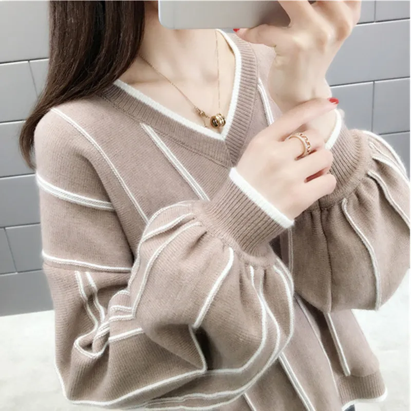 

2022 Women's Autumn And Winter Knitted Sweater Ladies V-neck Loose And Versatile Female New Fashion Striped Pullover Clothing