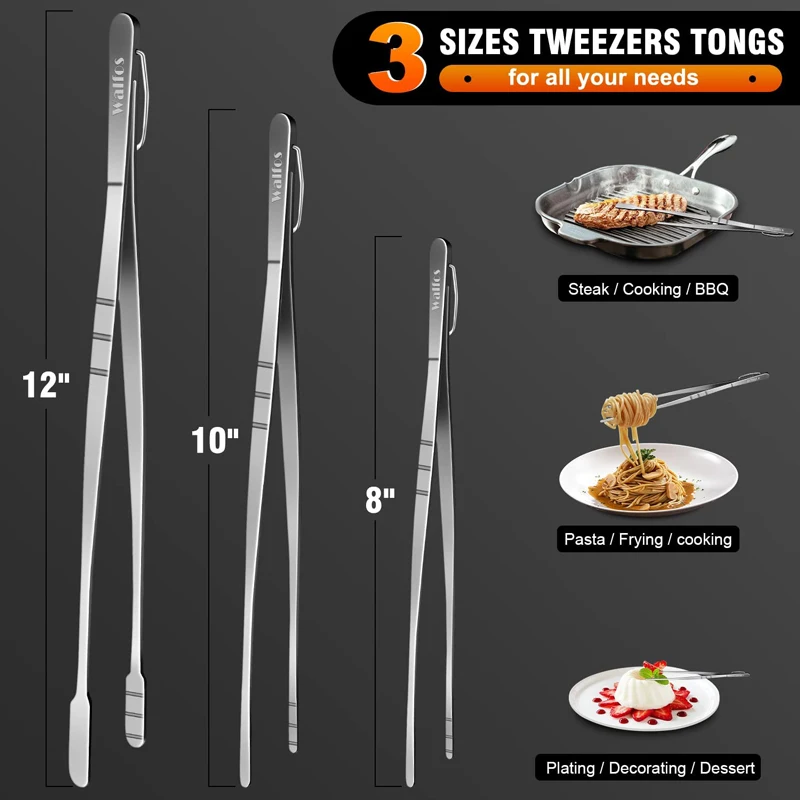 Walfos 3 Pieces Stainless Steel Tweezers Kitchen Tongs Barbecue Cooking Roasting Dessert Molecular Cuisine Spaghetti BBQ kitchen utensils